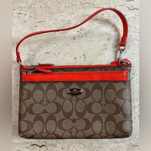 Coach Signature PVC Pop Pouch Khaki/Coral F52619 - Picture 1 of 9